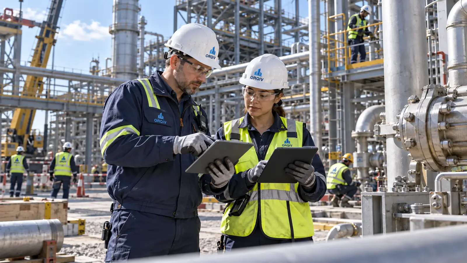 QA/QC and HSE professionals verifying field work and inspection evidence on site.