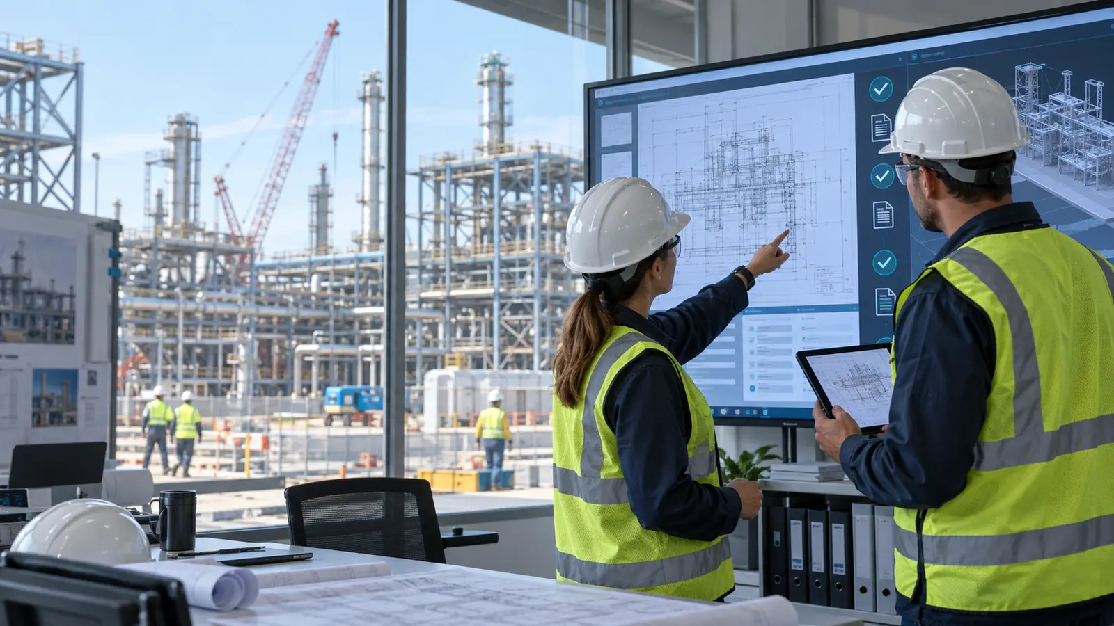 Construction document controllers and field engineers reviewing approved drawing revisions in a common data environment.