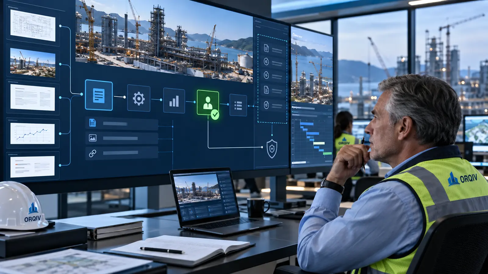Project controls manager reviewing an evidence-grounded AI recommendation with a human approval checkpoint.