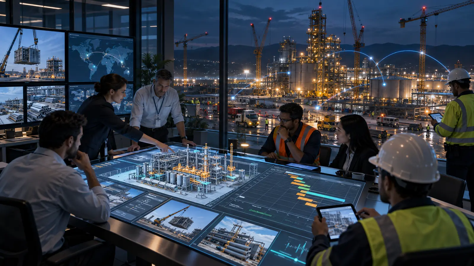 ORQIV digital project ecosystem illustration connecting planning, execution, plant, procurement, finance, assurance, risk and documents.